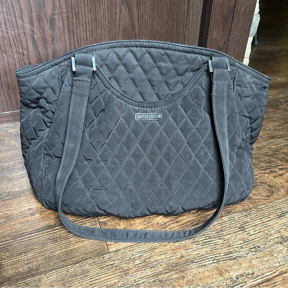 Vera Bradley Black Quilted Microfiber Glenna Shoulder Handbag ROSE PATTERN LINER